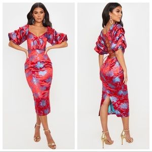 Red Floral Jacquard Lace Up Back Midi Dress Satin